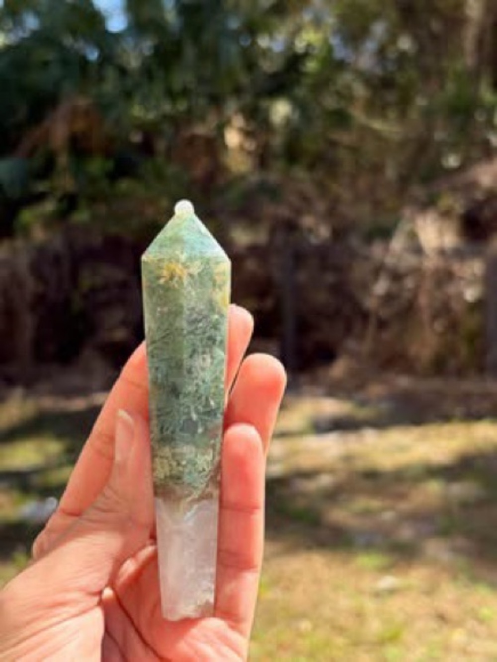 Natural Moss Agate Wand - High-Clarity Point with Sparkling Druzy (Small Chip)